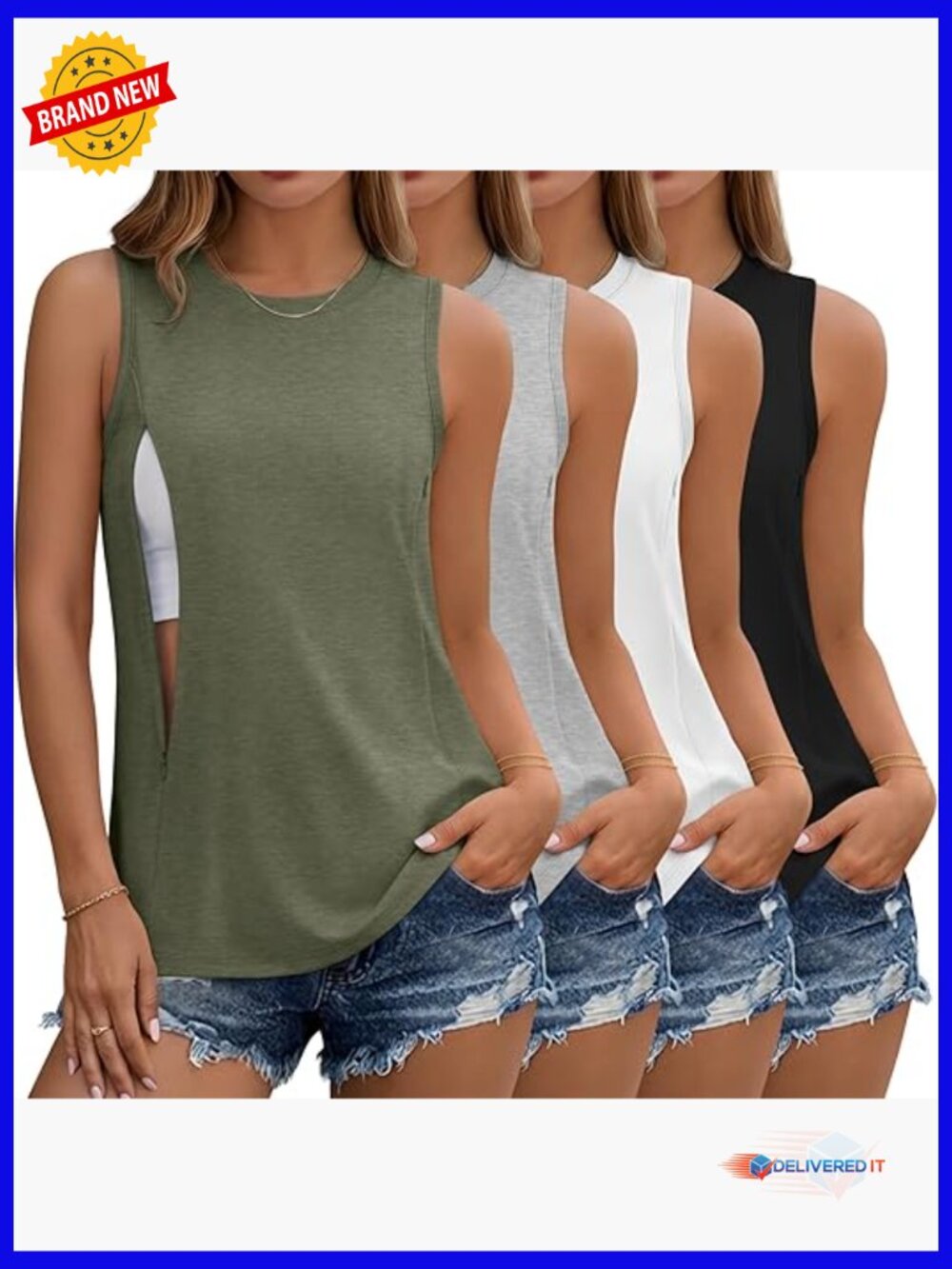 Sleeveless Nursing Tank Tops with Hidden Zippers Maternity Shirts 4 Pack